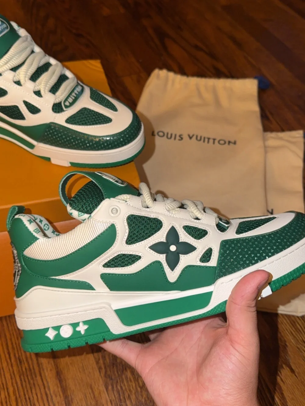 Louis Vuitton Green & White Sneakers with Signature Monogram